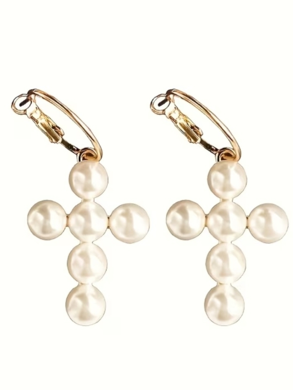 Elegant Gold Faux Pearl Cross Drop Earrings - New